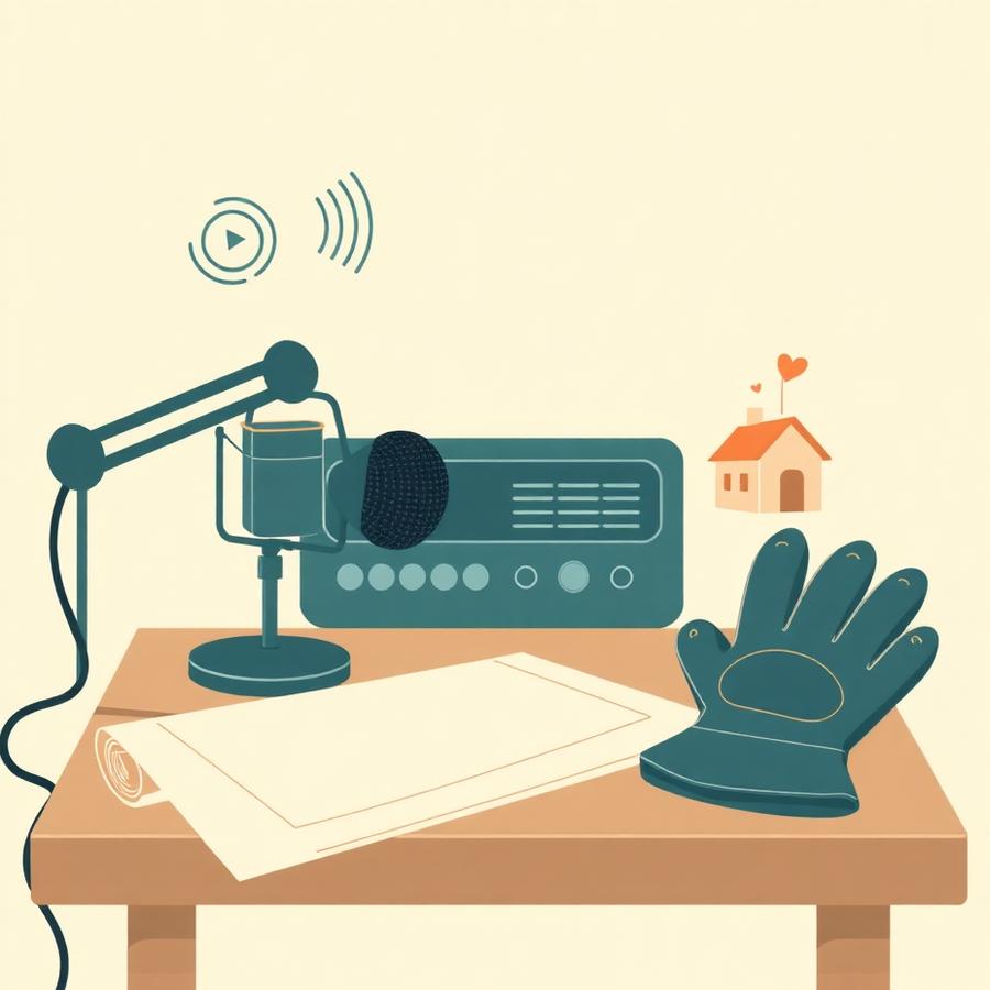 A radio microphone beside a rolled blueprint and a work glove, showing Jackson's radio background and his family's insulation business
