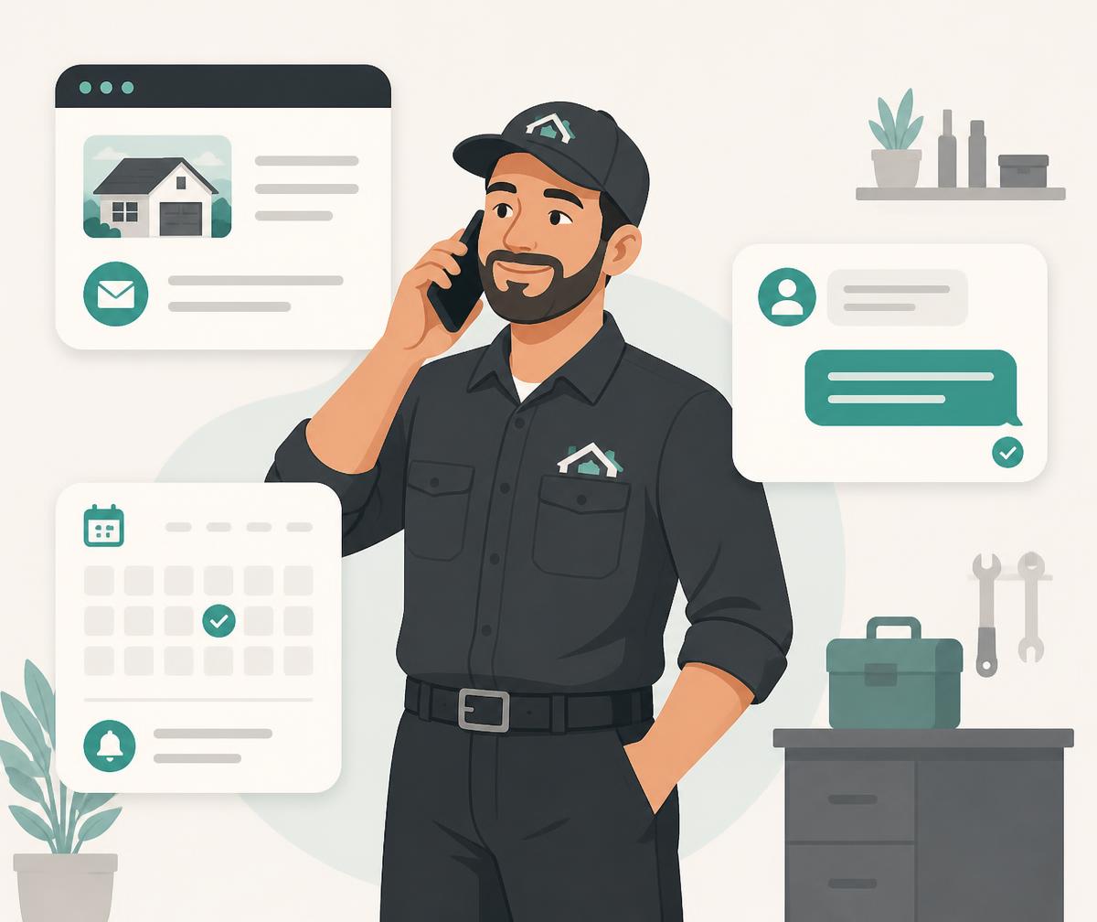 A home service business owner takes a phone call while a website form, a text reply, and a calendar reminder are handled in the background